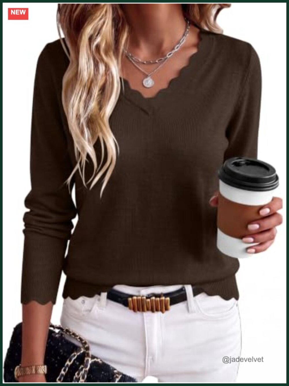 ANRABESS Lightweight Loose Fit V Neck Scalloped Trim Pullover Sweater